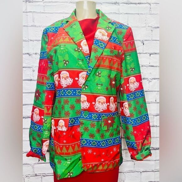 Dec. 25th Men's Medium Red & White Santa Christmas Long Sleeve Blazer Jacket - Picture 1 of 5